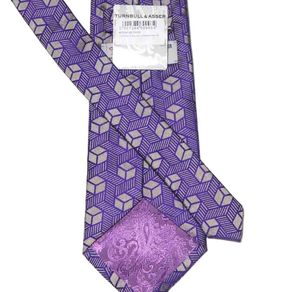 Turnbull and Asser Handmade English Silk TIe Purple Gray Fancy Geometric Men's - Picture 2 of 2